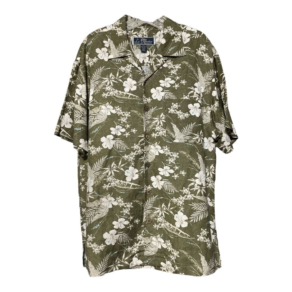 La Cabana Mens Green Floral Linen Blend Hawaiian Camp Shirt Size Medium